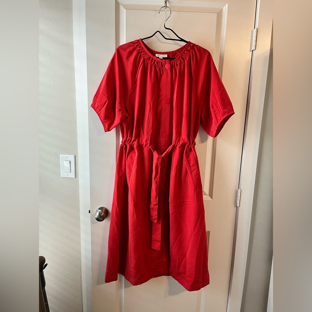 Oversized orange/red dress with puff sleeves and pockets.